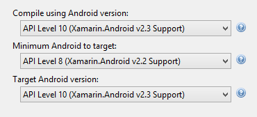 Compile, Minimum, and Target Android versions for Xamarin.Android in Visual Studio. In Xamarin Studio, "Compile" is called "Target framework".
