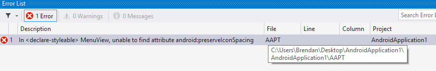 Build error caused by missing preserveIconSpacing attribute, AppCompat library values/attr.xml