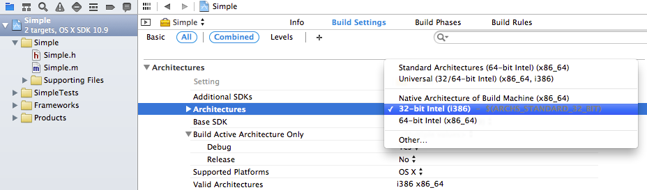 Xcode: Build Settings -> Architectures -> Architectures -> 32-bit Intel (i386)
