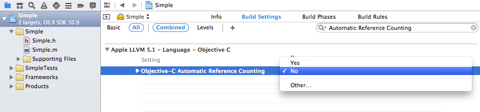 Xcode: Build Settings -> Apple LLVM 5.1 - Language - Objective C -> Objective-C Automatic Reference Counting -> No