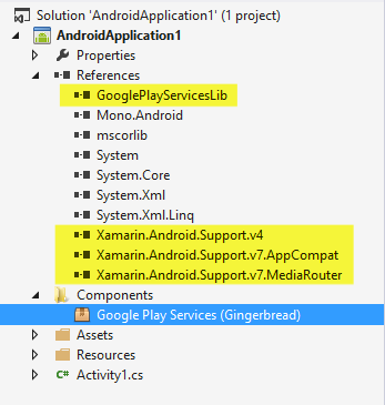Google Play Services component, included references: GooglePlayServicesLib, Xamarin.Android.Support.v4, Xamarin.Android.Support.v7.AppCompat, Xamarin.Android.Support.v7.MediaRouter