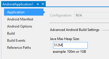 Xamarin.Android Java Max Heap Size property in Visual Studio