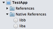 "liba" and "libb" listed under the "Native References" in Xamarin Studio