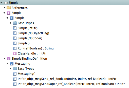 Hierarchical tree view of the namespaces, classes, and methods within Simple.dll